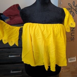 Yellow Off-Shoulder Lace Trim Top